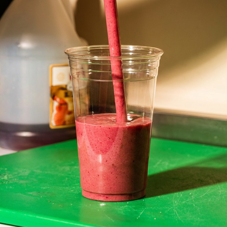 A vibrant pink smoothie is poured into a clear plastic cup on a green cutting board.