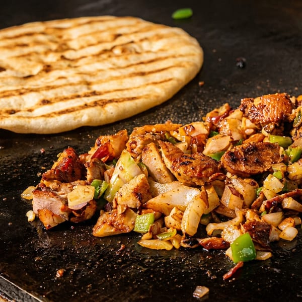 Grilled chicken and vegetables cooking on a flat top griddle next to a grilled flatbread.