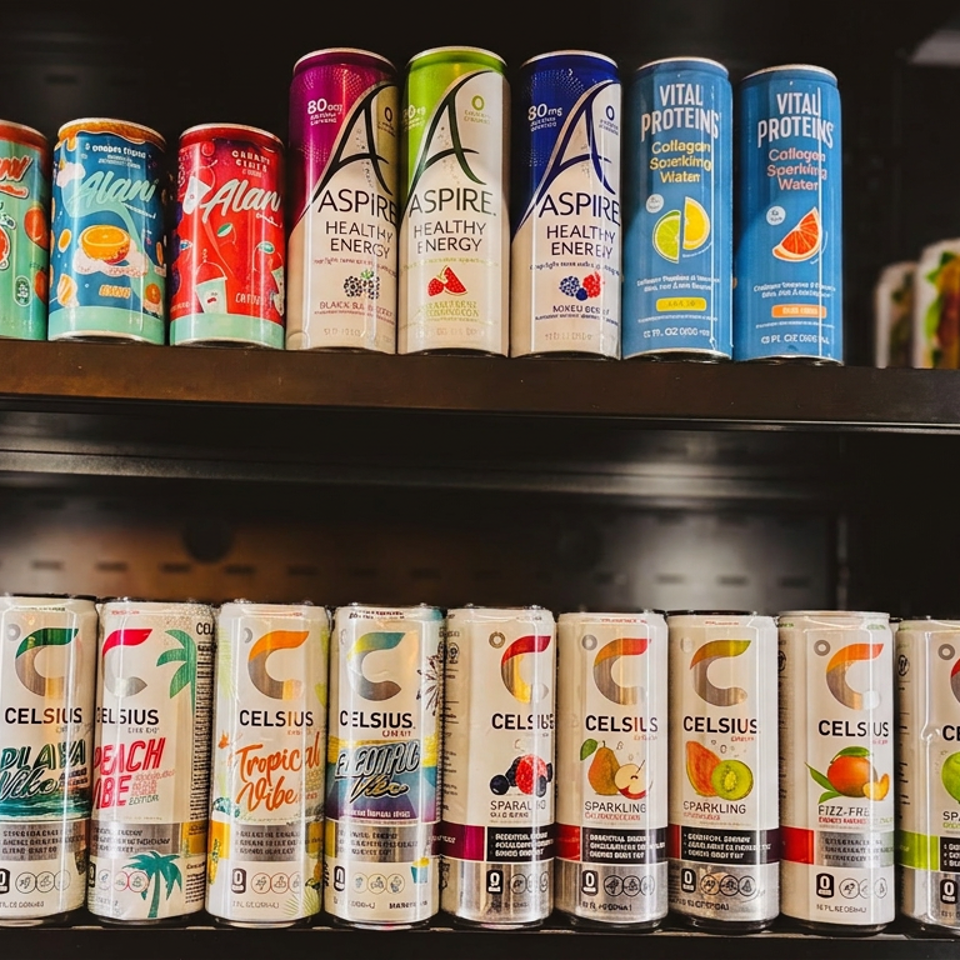 A store shelf displays rows of colorful Alani, Aspire, Vital Proteins, and Celsius beverage cans.