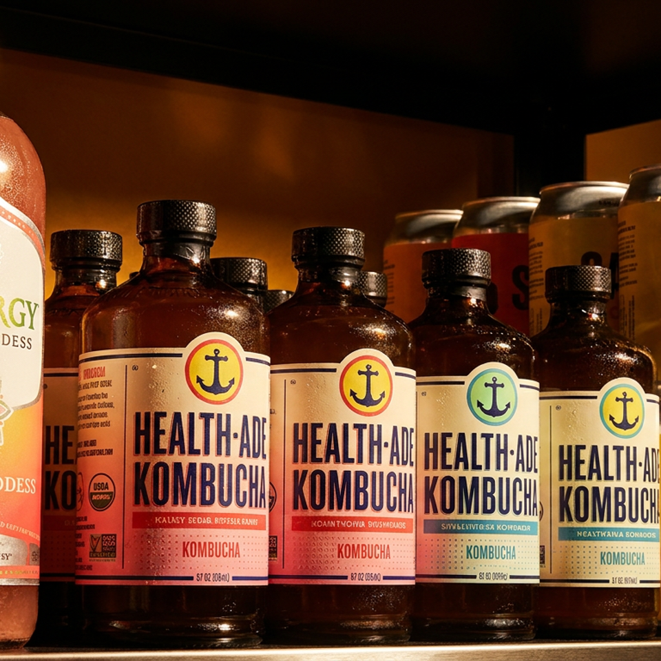 A refrigerated shelf displays various bottled kombucha and canned soda drinks in different flavors.