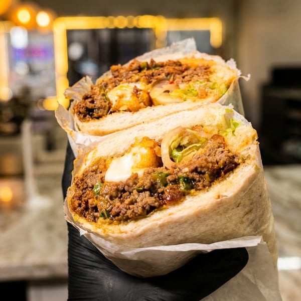 A large, halved submarine sandwich filled with ground meat, cheese, and lettuce, held by a gloved hand.
